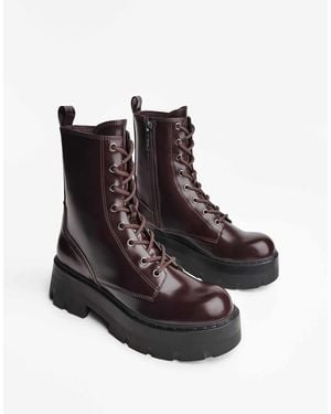 Bershka Bottines à lacets avec semelle rainurée - bordeaux - Marron