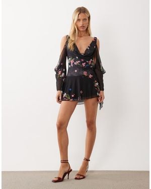 I.AM.GIA Eriska Chiffon Plunge Off Shoulder Mini Dress With Open Back Detail - Black