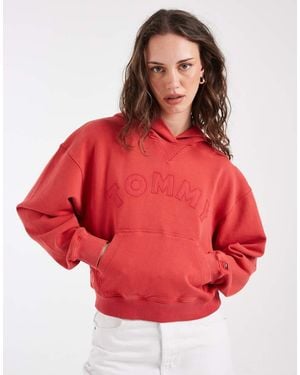 Tommy Hilfiger Sudadera Roja De Corte Cuadrado Con Capucha Y Logo De Estilo Universitario-Rojo