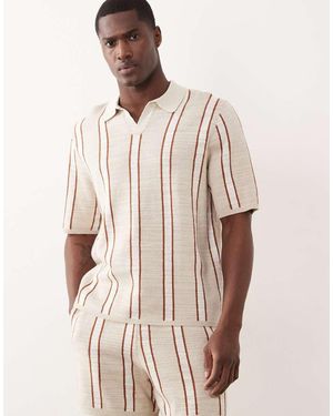 ASOS Relaxed Knitted Notch Neck Stripe Polo Co-ord - Natural