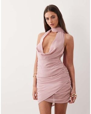 The Frolic Exclusive Exaggerated Plunge Neck Tie Detail Wrap Mini Dress - Pink