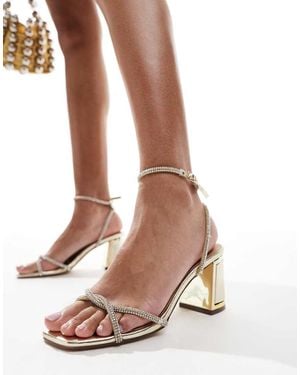 SEQWL Mid Block Heel Sandals With Embellished Straps - Metallic