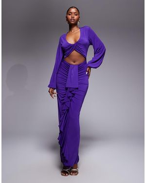 Ruched & Ready Vestido Largo Morado Con Mangas Globo, Detalle De Abertura Y Cintura Drapeada Entered The Chat De
