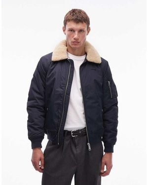 Schott Nyc Logo Patch Zip Pocket Detail Cropped Padded Jacket With Faux Fur Collar - Blue