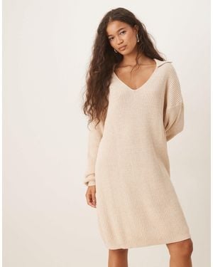 Glamorous V-neck Midi Length Sweater Dress - Natural