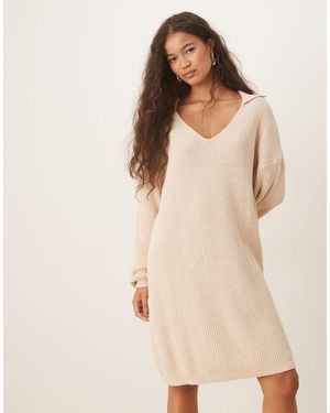 Glamorous V-neck Midi Length Sweater Dress - Natural