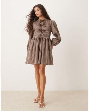 Ghospell Bobbi Check Bow Mini Dress Check - Natural