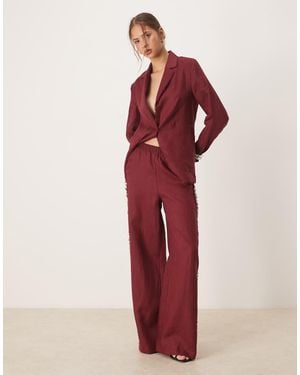 Mango Pantalones Sin Cierres Con Borde Desflecado De 100% Lino De (Parte De Un Conjunto) - Rojo