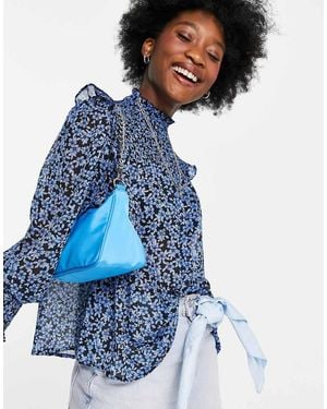New Look Shirred High Neck Blouse - Blue