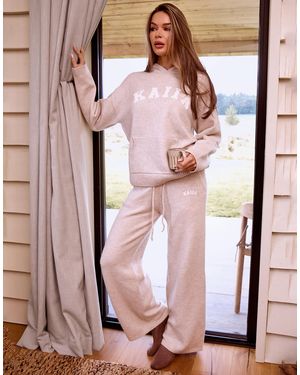 Kaiia Knit Embroidered Logo Wide Leg Pants - Natural