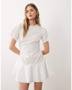 ASOS Poplin Short Sleeve Mini Dress With Ruching Tie Waist Detail - White