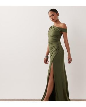 TFNC London Slinky Fallen Shoulder Thigh Split Maxi Dress - Green