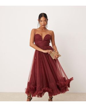 LACE & BEADS Corset Tulle Ruffle Hem Midaxi Dress - Red