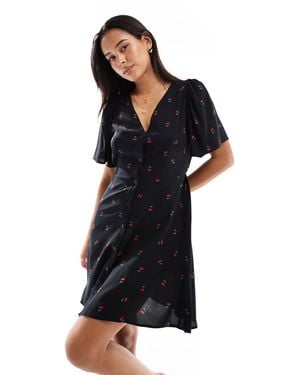 Vero Moda Button Through Mini Skater Dress With Cherry Print - Black