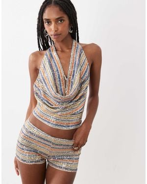 Motel Yukari Sequin Cowl Halter Top Co-Ord - Multicolor