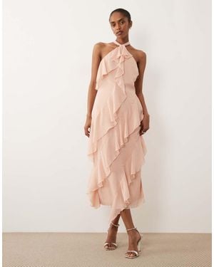 Pretty Lavish Aria Chiffon Halter Neck Ruffle Midi Dress - Natural