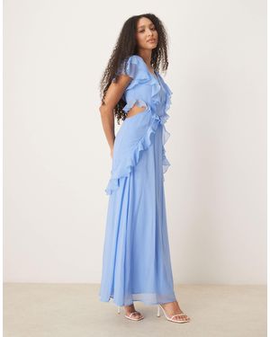 ASOS Flutter Sleeve Ruffle Midi Dress With Cut Out - Blue
