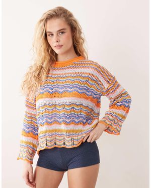 Kiwi & Co Walking On Sunshine Crochet Drop Shoulder Striped Sweater - Orange