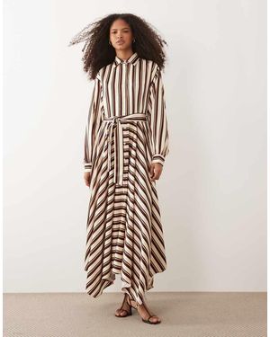 Iyal Vestido Camisero Largo Marrón A Rayas Con Lazada En La Cintura De Satén - Neutro