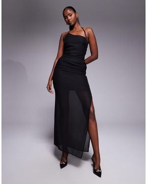 Fashionkilla Exclusive Chiffon Halterneck Lace Up Open Back Detail Sheer Hem Maxi Dress - Blue