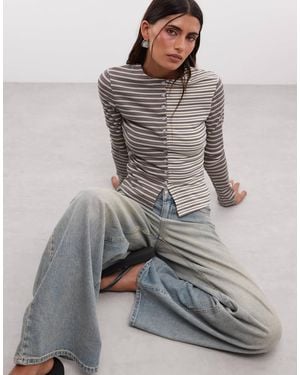 Daisy Street Button Down Contrast Stripe Cardigan - Gray