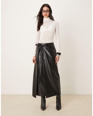 Ghospell Louise Faux Leather Wrap Midi Skirt With Tie Detail - Natural