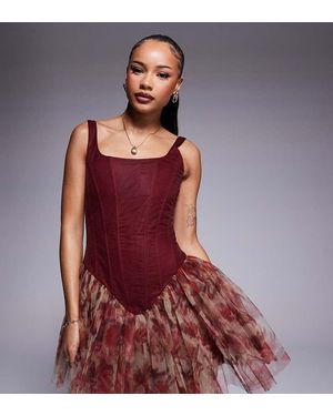 LACE & BEADS Drop Hem Corset Mini Dress - Red