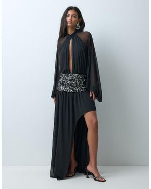ASOS Maxi-Jurk Van Mesh Met Diepe Uitsnijding, Blousonmouwen, Asymmetrische Zoom En Band Met Lovertjes - Blauw
