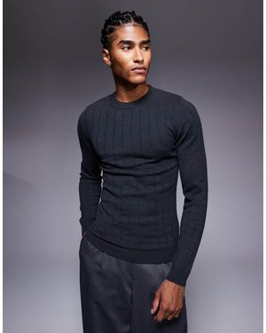 ASOS Muscle-Fit Gebreid T-Shirt Met Lange Mouwen En Ribbels - Blauw