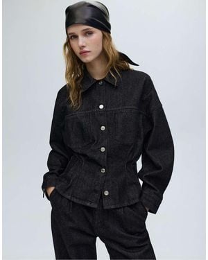 Pull&Bear Fitted Denim Shirt With Pleats - Blue