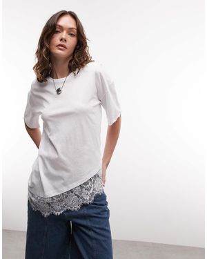 Noisy May T-shirt oversize asymétrique avec ourlet en dentelle - Bleu