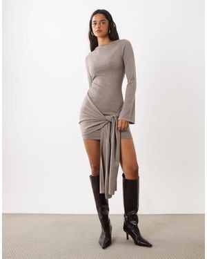 Kaiia Exclusive Knitted Cowl Back Knot Drape Waist Detail Mini Dress - White