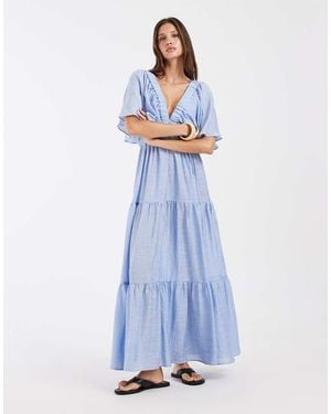 Vero Moda Vestito Lungo Azzurro A Balze Con Maniche Voluminose - Blu