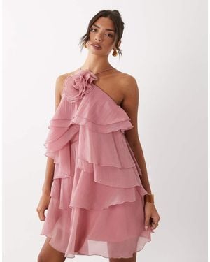 Y.A.S Vestido Corto Rosa Con Volantes Y Aplicaciones Florales Tridimensionales