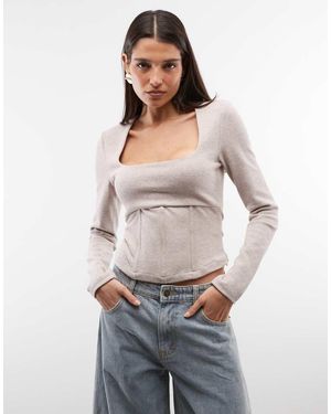 ASOS Brushed Herringbone Square Neck Long Sleeve Corset Top - White