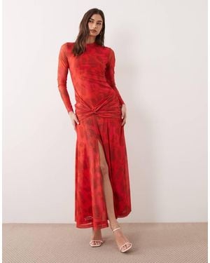 Bardot Lea Mesh Long Sleeve Ruched Waist Slit Front Maxi Dress - Red