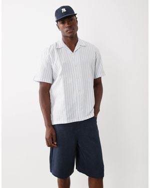 SELECTED Linen Blend Short Wide Stripe Sleeve Shirt - White
