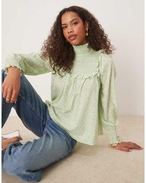 Glamorous Shirred High Neck Blouse - Green