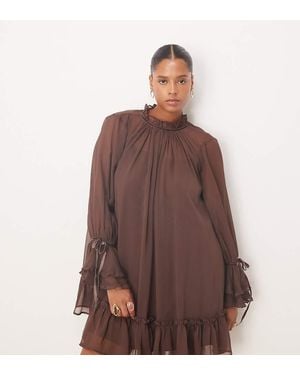 ASOS Asos Design Curve Smock Mini Dress With Tiered Ruffle Cuff And Velvet Bows - Brown