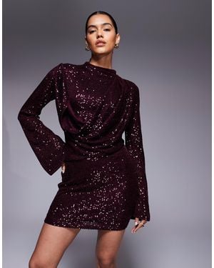 ASOS All Over Sequin Long Sleeve Cowl Drape Detail Mini Dress - Blue