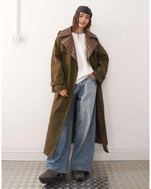 Reclaimed Vintage Check Lined Trench Coat With Belt - Brown