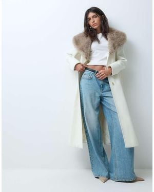 Miss Selfridge Formal Wrap Coat With Fur Collar - Blue