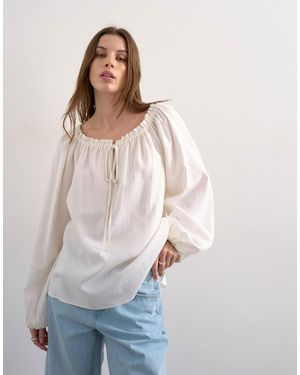 TOPSHOP Trapeze Linen Tie Front Blouse - White