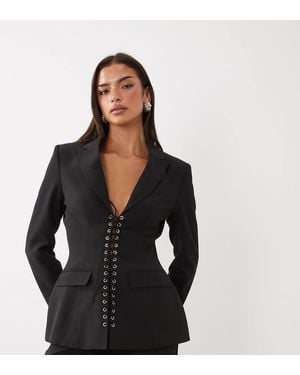 Kaiia Exclusive Eyelet Detail Lace Up Cinched Waist Blazer Co-Ord - Black