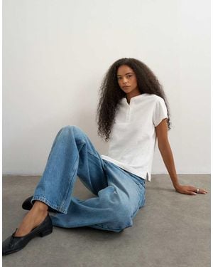 TOPSHOP Linnenmix Aansluitend Henley T-Shirt Met Korte Mouwen - Blauw