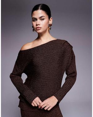 River Island One Shoulder Glitter Textured Top Co-Ord - Brown