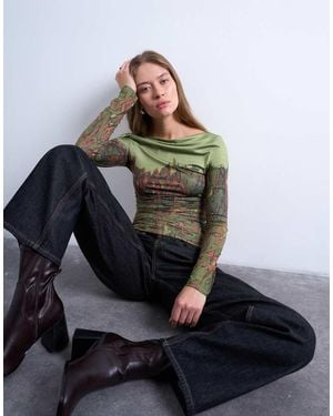 TOPSHOP Slash Neck Abstract Placement Print Microfibre Top - Green