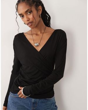 ASOS Soft Jersey Drape Wrap Long Sleeve Top - Black