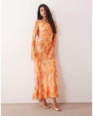 DASKA Chiffon High Cowl Neck Frill Detail Maxi Dress - Orange