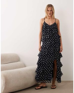 Vila Vestido Largo De Tirantes Con Estampado De Lunares, Abertura En La Falda Y Volantes De - Marrón